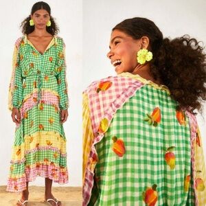 Farm Rio Mixed Picnic Tiered Ruffle Maxi Dress Yellow Gingham Fruit Spring